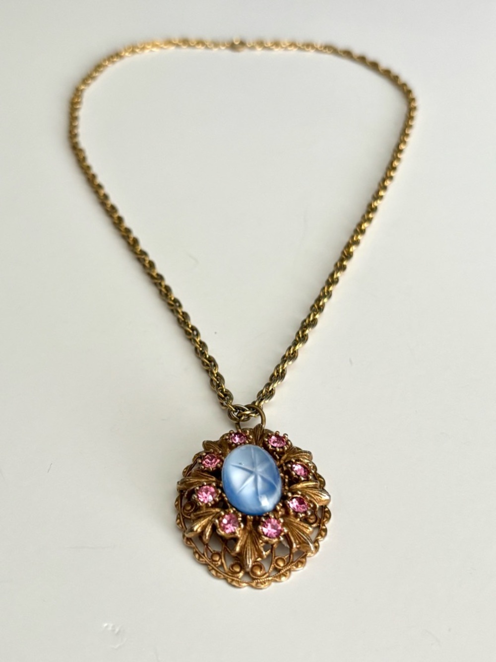 Vintage Star Glass Pendant Necklace Blue Cabochon Pink Rhinestones